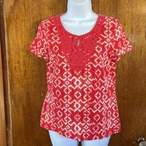 Charter club petite top. Red and white with beautiful neckline detail. Flirty!